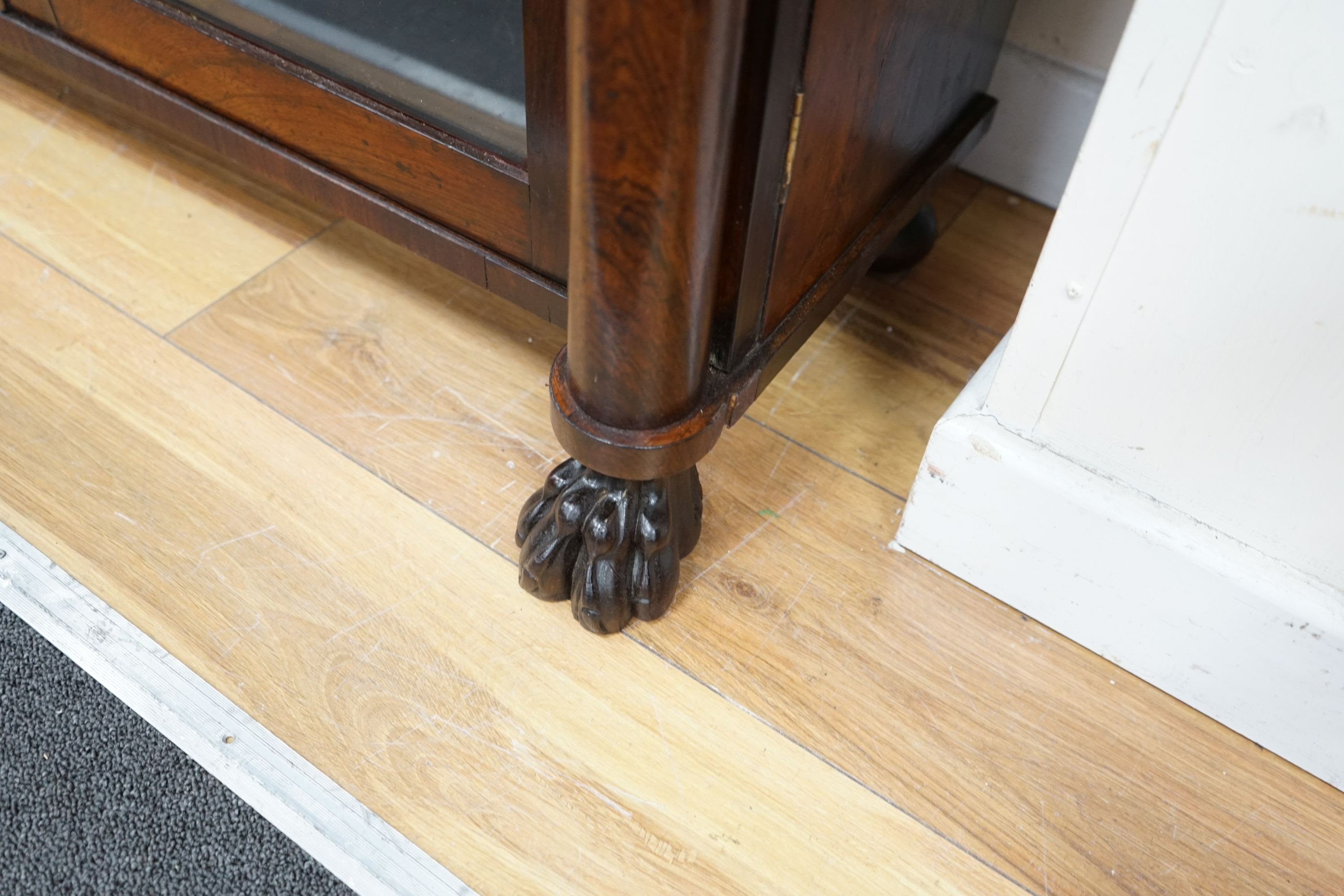 A Regency and later inlaid rosewood marble top dwarf cabinet, width 107cm, depth 37cm, height 94cm